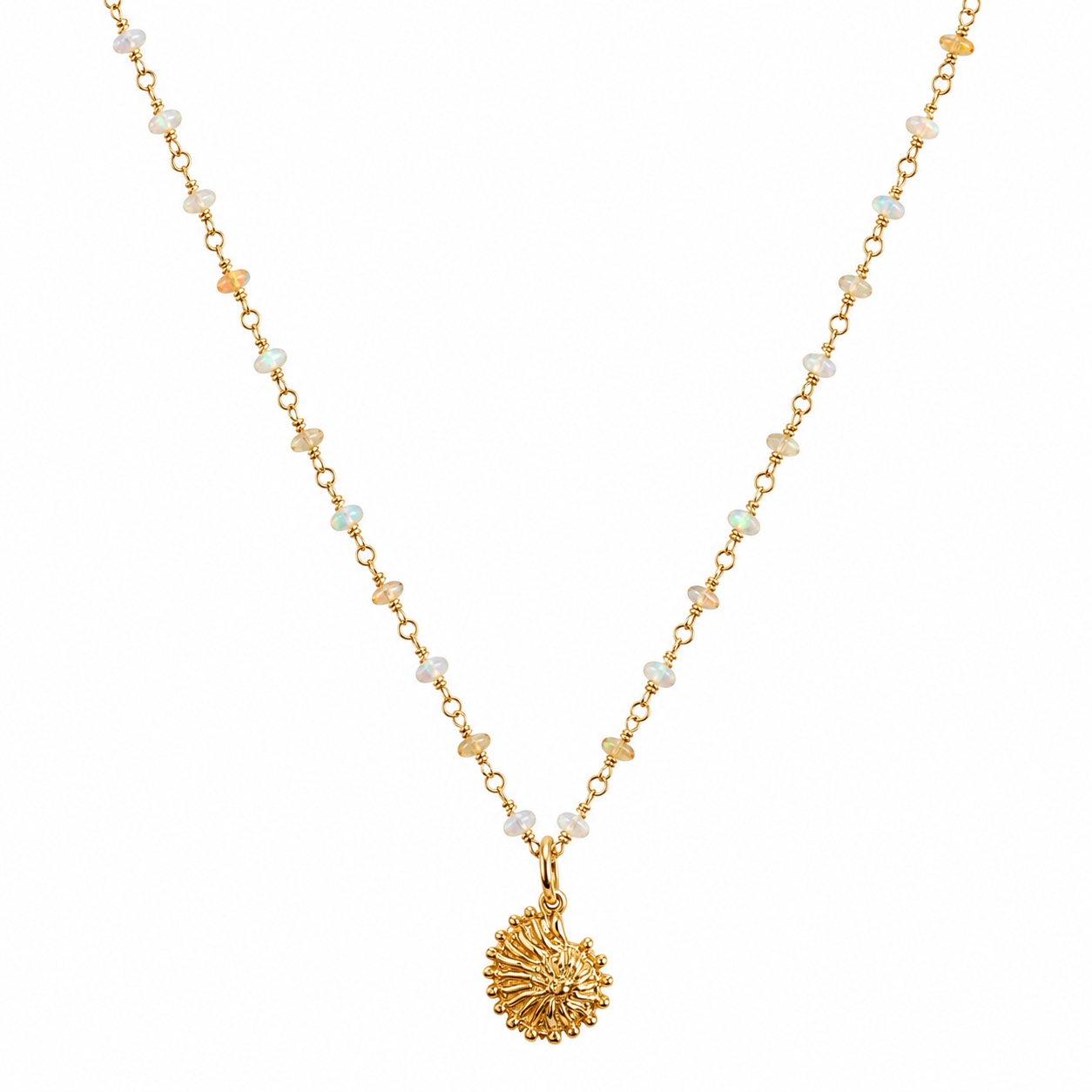 ethiopian opal beads necklace with gold shell pendant