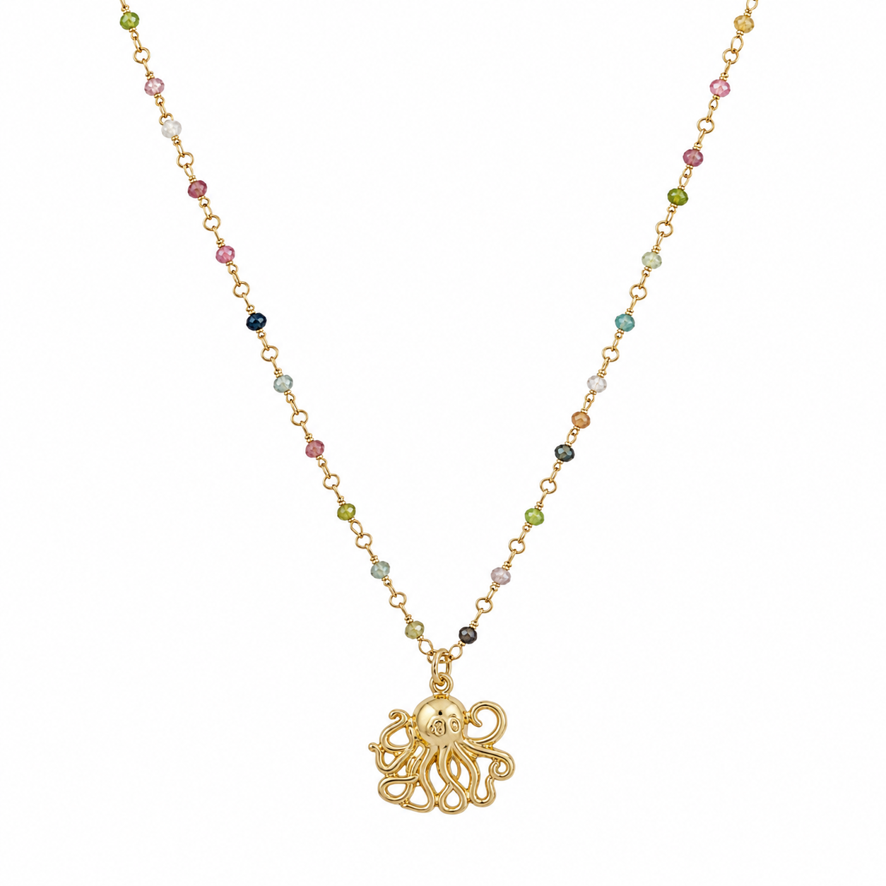 multi tourmaline beads necklace with a gold octopus pendant