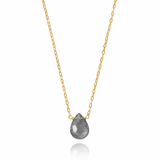 Gold necklace with a gray teardrop pendant on a white background