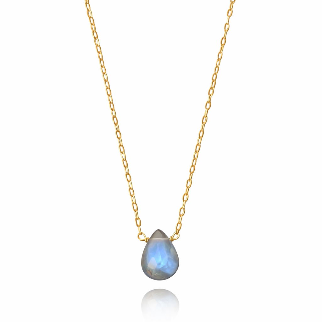 Gold necklace with a teardrop-shaped gemstone pendant on a white background