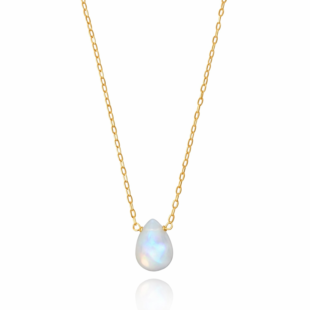 Gold necklace with a teardrop-shaped white gemstone on a white background
