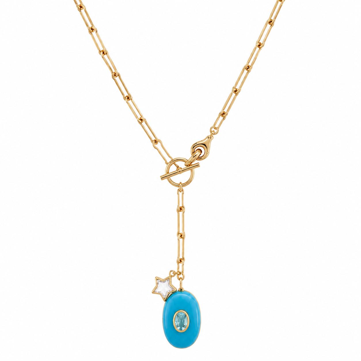 links chain lariat with a toggle clasp in the middle and an oval turquoise stone with a light blue stone in the middle and a clear quartz star shaped stone pendant