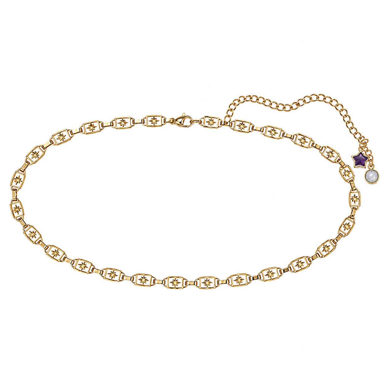 gold waist chain with starburst pattern and an amethyst start pendant and moonstone pendant