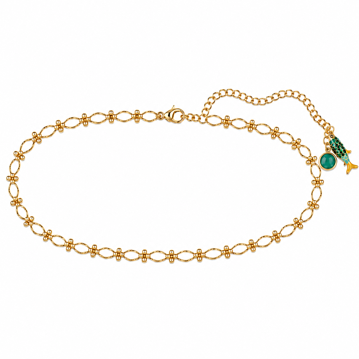 gold waist chain with fish and emerald stone pendant