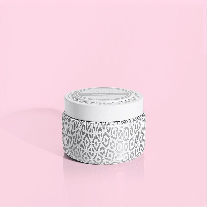 VOLCANO WHITE SIGNATURE PRINTED TRAVEL TIN CANDLE